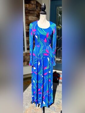 Vintage Keram New York Blue Abstract Print Maxi Dress | Long Sleeve Disco Dress